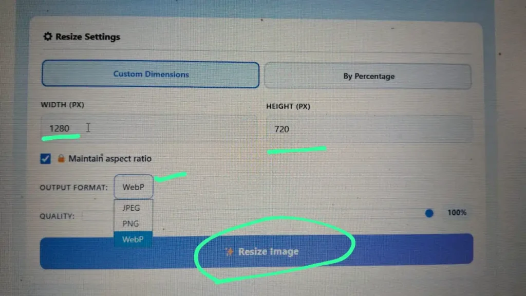 Image Resizer tool adjusting image width and height using custom dimensions