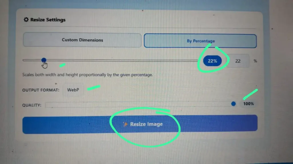 Image Resizer tool resizing a photo by percentage using the resize slider