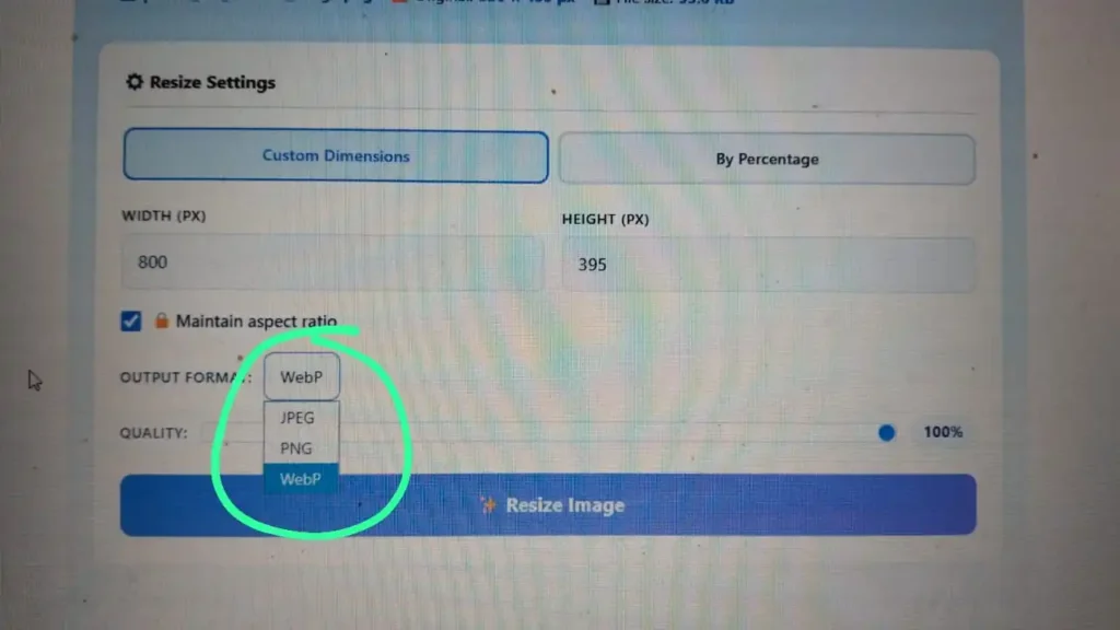 Different image formats JPG, PNG, WebP displayed on computer screen with Image Resizer